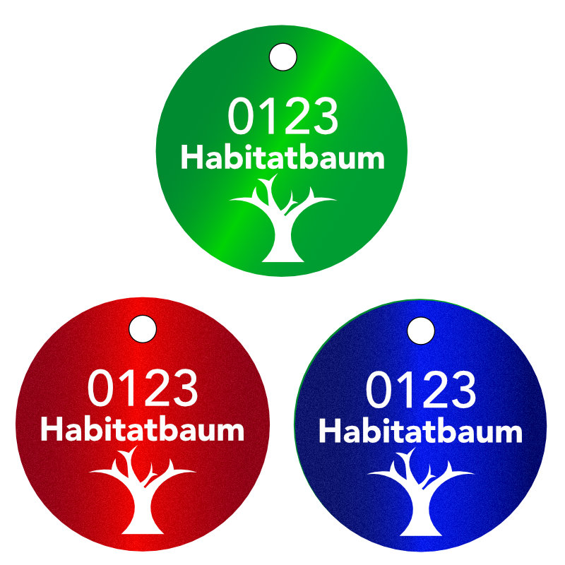 Habitatbaum Logo Plaketten, ø 40 mm, Stärke 1 mm, Aluminium eloxiert, Laserbeschriftung Habitatbaum Logo Plaketten, ø 40 mm, Stärke 1 mm, Aluminium eloxiert, Laserbeschriftung